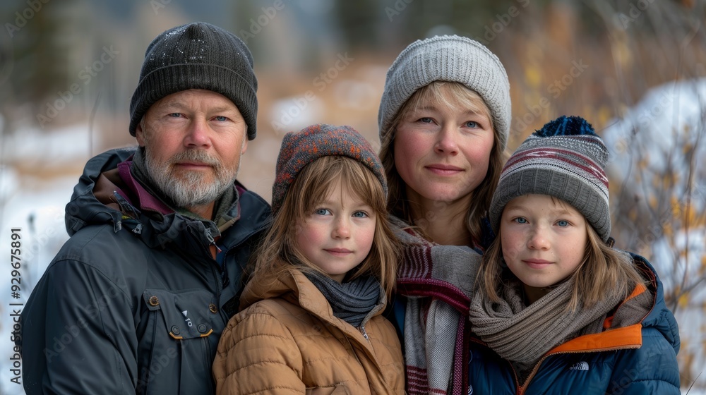 Family portrait in a snowy landscape during winter Family portrait in a snowy landscape during winter