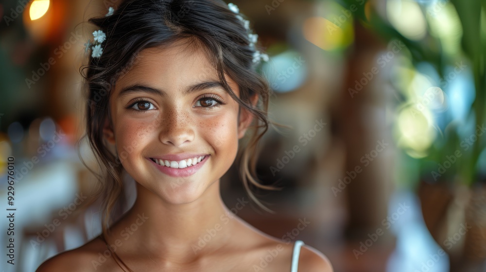 Smiling young girl with floral accessories at a cozy, tropical venue during daylight Smiling young girl with floral accessories at a cozy, tropical venue during daylight