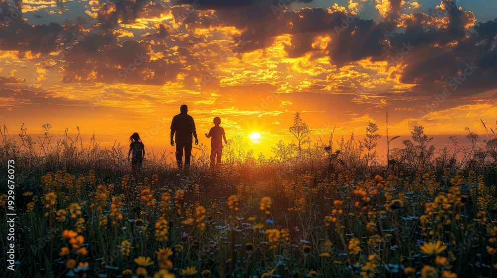 Fototapeta premium Family stroll during sunset in a vibrant wildflower field
