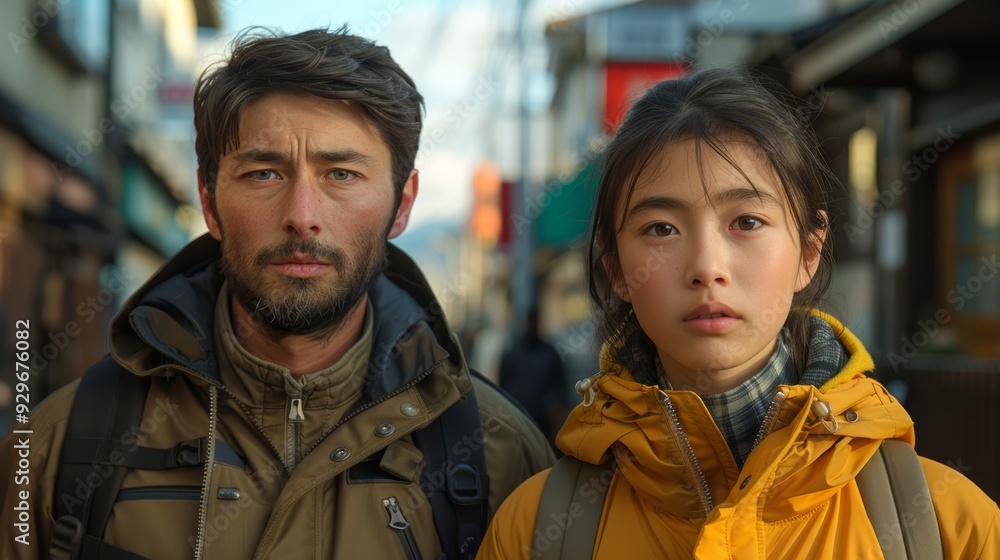 A man and a young woman stand side by side in a bustling street, dressed warmly, reflecting the vibrant atmosphere of a city during autumn A man and a young woman stand side by side in a bustling street, dressed warmly, reflecting the vibrant atmosphere of a city during autumn