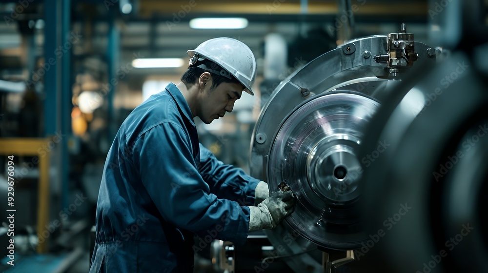Fototapeta premium A worker in a factory meticulously assembling machinery components.
