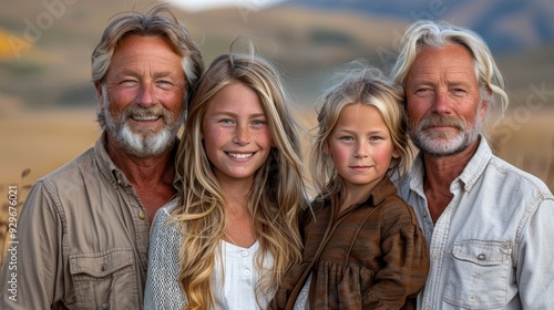 Family portrait featuring three adults and two children in a natural outdoor setting during the golden hour