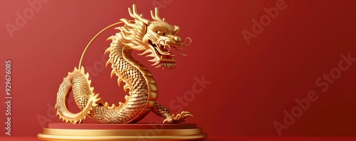 A Golden Chinese Dragon on a Red Pedestal