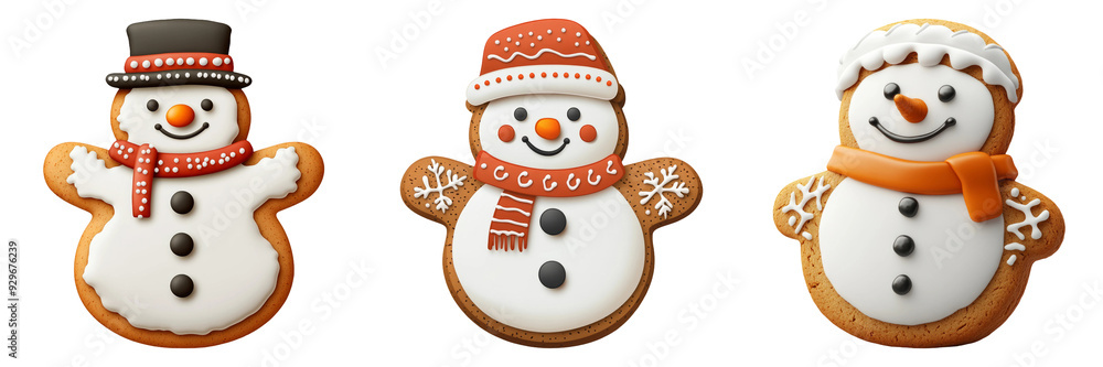 Fototapeta premium Gingerbread cookies shaped like snowmen with icing decorations isolated on transparent background