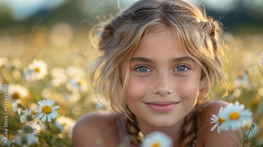 Young girl smiles while lying in a field of daisies during golden hour Young girl smiles while lying in a field of daisies during golden hour
