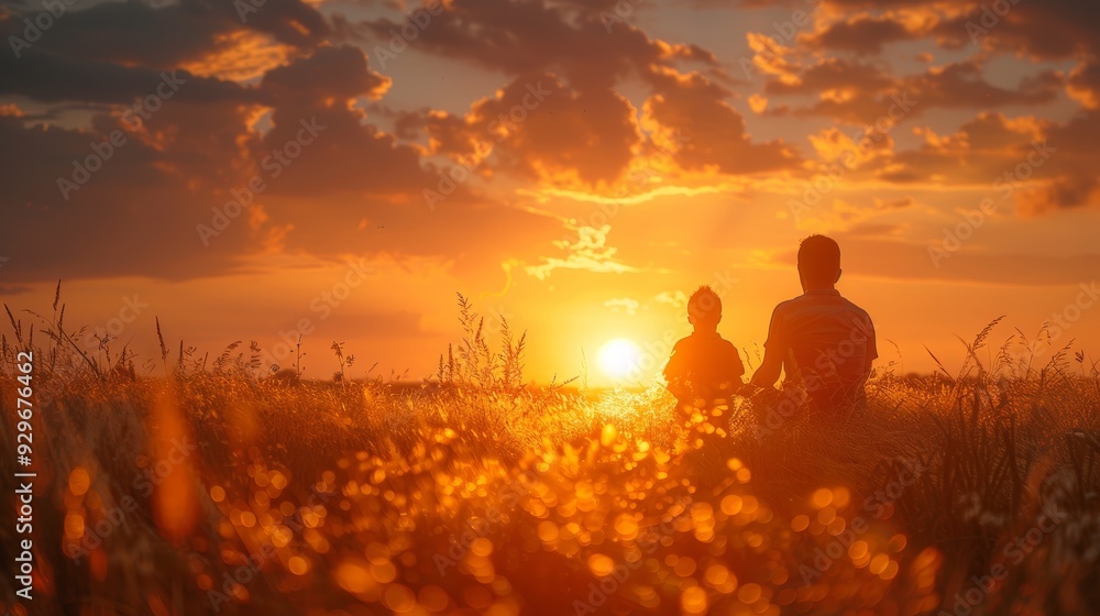 Fototapeta premium A parent and child watching a sunset together in a grassy field during warm evening light