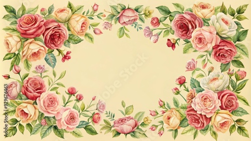 Symmetric frame of vintage watercolour roses on cream background for romantic card or label, roses, watercolour, vintage