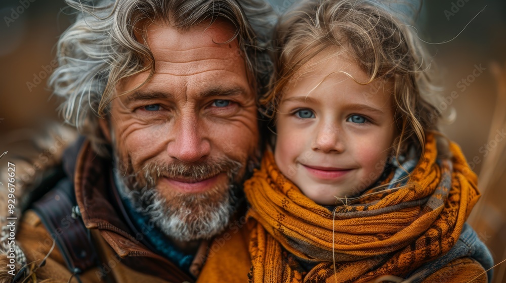 A man and a young child smiling together in a cozy outdoor setting during autumn A man and a young child smiling together in a cozy outdoor setting during autumn