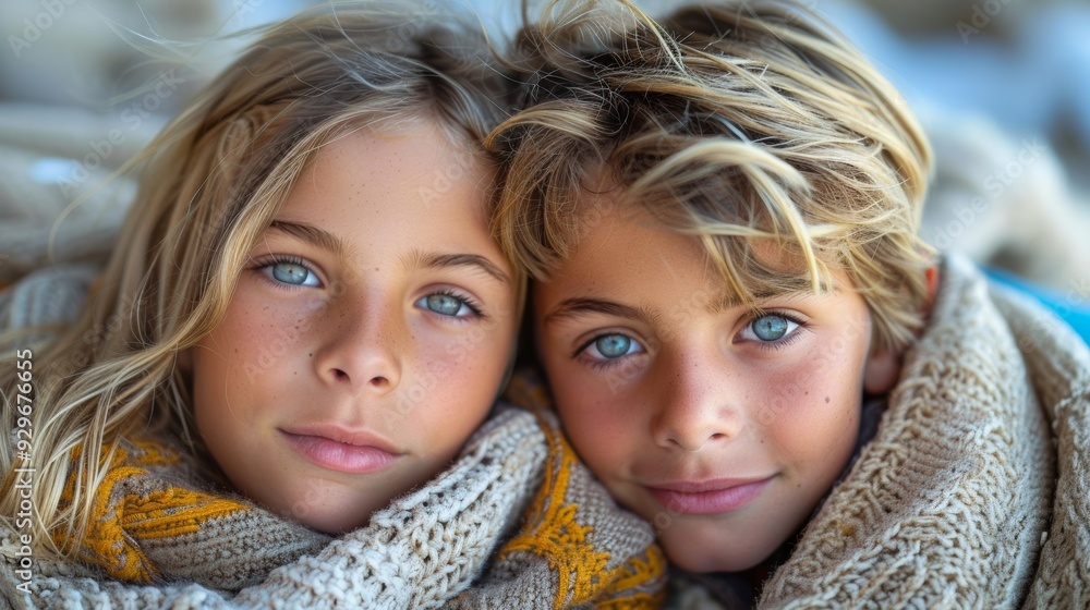 Two children with blue eyes wrapped in cozy scarves, smiling together in a warm indoor setting during winter Two children with blue eyes wrapped in cozy scarves, smiling together in a warm indoor setting during winter