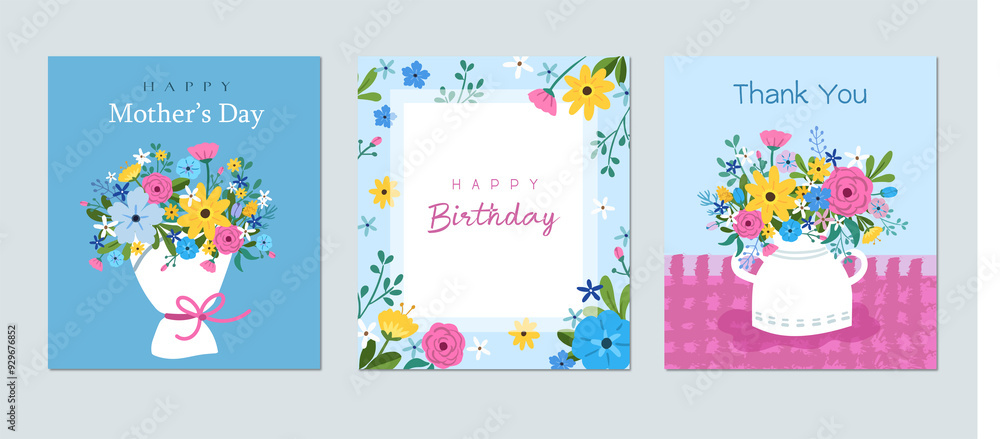Blue and pink flower greeting card design bundle Blue and pink flower greeting card design bundle