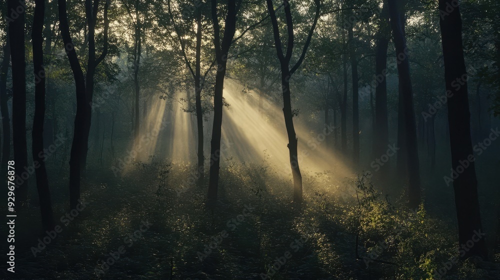 Fototapeta premium A serene forest scene with sunlight filtering through trees, creating an ethereal atmosphere.