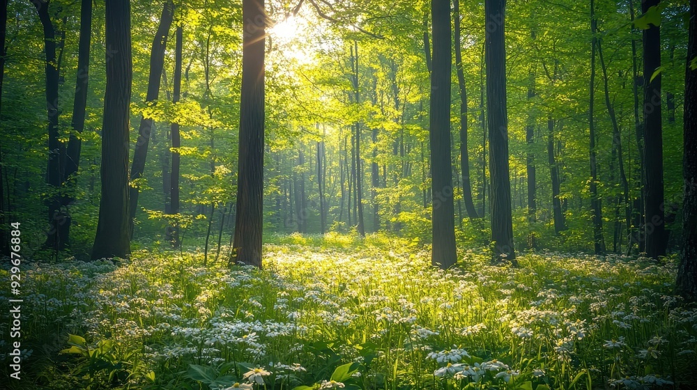 Obraz premium A serene forest scene with sunlight filtering through trees and wildflowers in bloom.