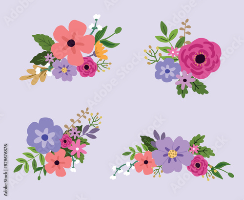 Set of purple flower arrangements