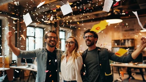 a startup team celebrates a successful product launch in their industrial-chic office loft. photo