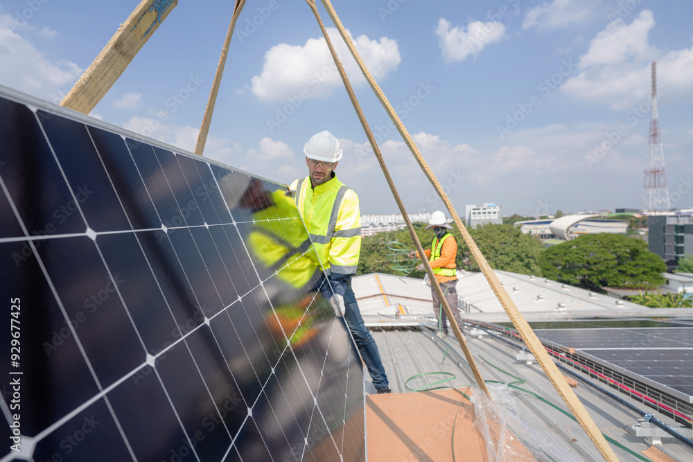 custom made wallpaper toronto digitalEngineer service check installation solar cell on the roof of factory. Silhouette technician inspection and repair solar cell on the roof of factory. Technology solar energy renewable.