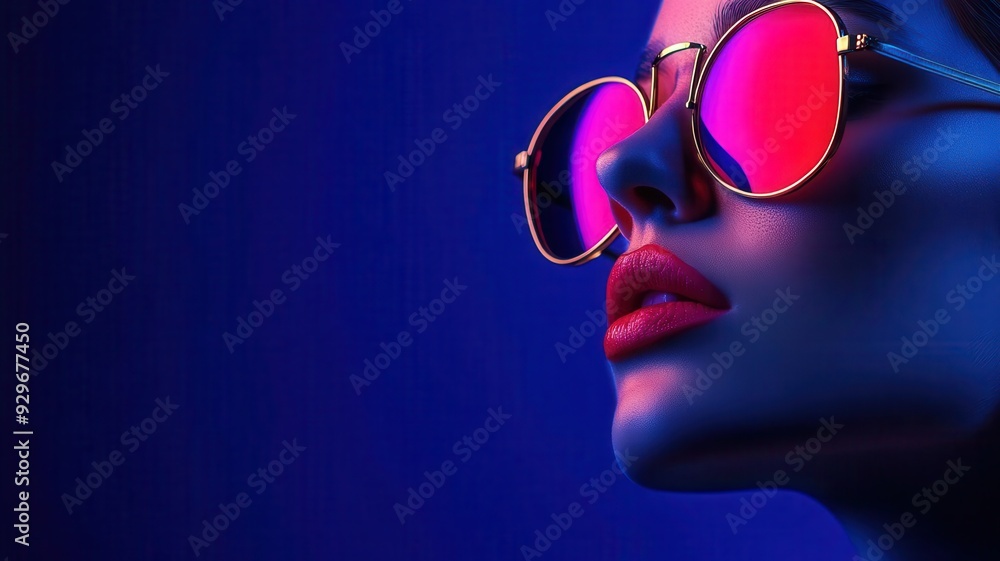 Stylish woman with red sunglasses in neon lighting, demonstrating modern fashion and vibrant colors. Close-up shot with a blue background. Stylish woman with red sunglasses in neon lighting, demonstrating modern fashion and vibrant colors. Close-up shot with a blue background.
