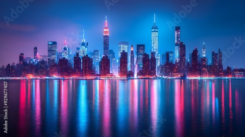 New York skyline at night with the city’s skyscrapers illuminated in a reflection of neon light on water. Vibrant view of modern architecture building street 3d digital artwork illustration wallpaper.