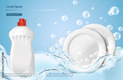 3d realistic vector illustration. Washing dishes banner. Clean white plates and wash liquid, with with bubbles and water splashes.
