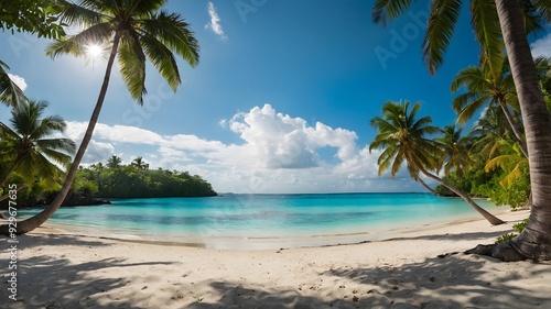 Fototapeta Naklejka Na Ścianę i Meble -  Summer Resort Beach Sea Relax Travel Vacation Palm Tropic. Tropical beach background. Ai Generative.