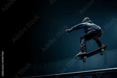 Skateboarder doing a kickflip in a skatepark in a low angle shot with high contrast blue and grey tones with minimalism and negative space and an empty area for text on the frame