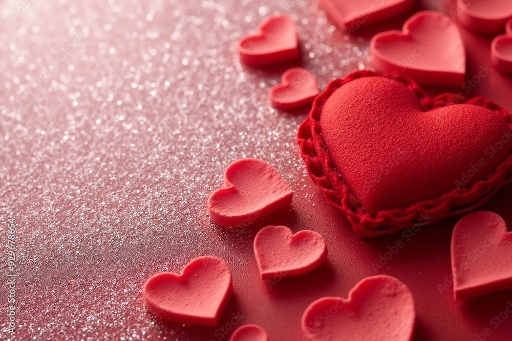 Red Hearts Romantic Symbolizing Love Against Glittery Pink Background with Copy Space Red Hearts Romantic Symbolizing Love Against Glittery Pink Background with Copy Space