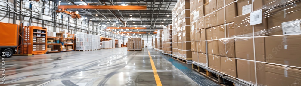 Modern warehouse with high shelves, forklifts, and organized aisles for efficient logistics and distribution. Bright and spacious environment. Modern warehouse with high shelves, forklifts, and organized aisles for efficient logistics and distribution. Bright and spacious environment.