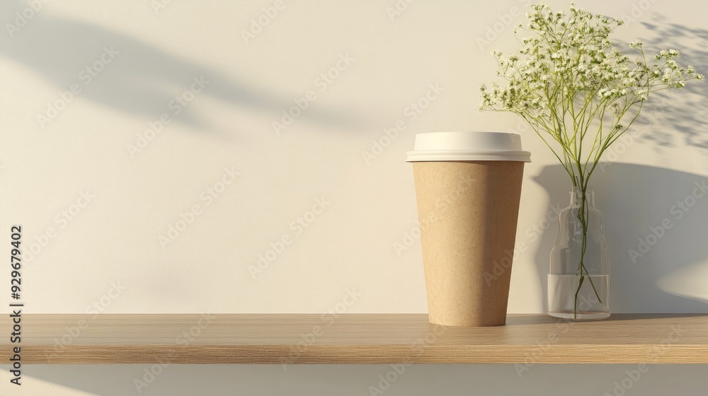 A brown paper coffee cup mockup positioned on a minimalist caf shelf, capturing the essence of a cozy caf setting with a focus on sustainable design A brown paper coffee cup mockup positioned on a minimalist caf shelf, capturing the essence of a cozy caf setting with a focus on sustainable design