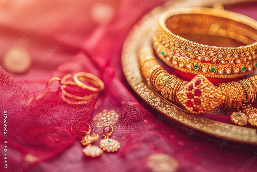 Close-up of intricate Diwali diya with bangles and earrings placed on a festive thali, capturing the warmth of the festival, Diwali accessories, cultural elegance Close-up of intricate Diwali diya with bangles and earrings placed on a festive thali, capturing the warmth of the festival, Diwali accessories, cultural elegance