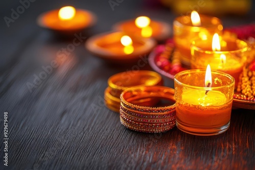 Diwali thali with decorative bangles, jewelry, and glowing candles, symbolizing cultural celebration and joy, Diwali accessories, traditional festivity