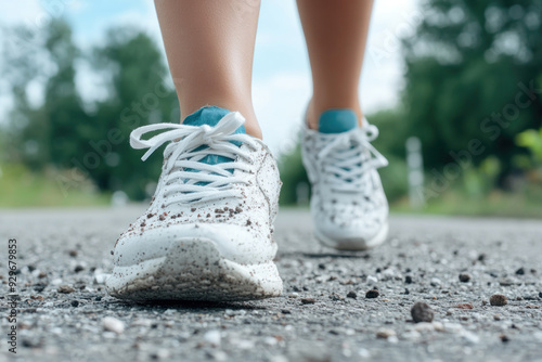 Female ankle foot walking workout exercise on the concrete road