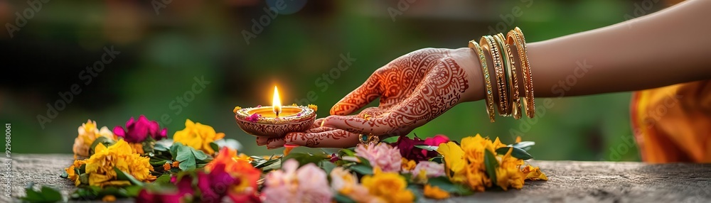 Woman s hand adorned with intricate bangles, lighting a diya surrounded by floral decorations and traditional accessories, Diwali accessories, cultural festivity Woman s hand adorned with intricate bangles, lighting a diya surrounded by floral decorations and traditional accessories, Diwali accessories, cultural festivity
