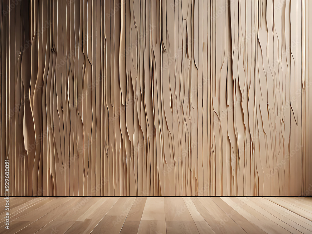 Naklejka premium Modern Abstract 3D Backdrop with Warm Taupe Plywood Texture and Dynamic Light Play