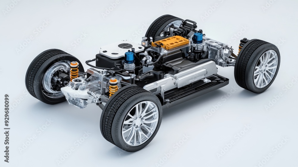 A high-resolution 3D rendering of an electric vehicle motor and suspension in cutaway view, displayed on a white background, emphasizing the complexity and innovation in electric vehicles. A high-resolution 3D rendering of an electric vehicle motor and suspension in cutaway view, displayed on a white background, emphasizing the complexity and innovation in electric vehicles.