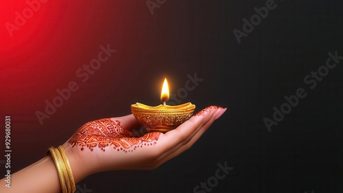 Woman s hand holding a sparkling diya, decorated with intricate mehndi, adorned with golden bracelets, symbolizing Diwali traditions, Diwali accessories, cultural celebration photo