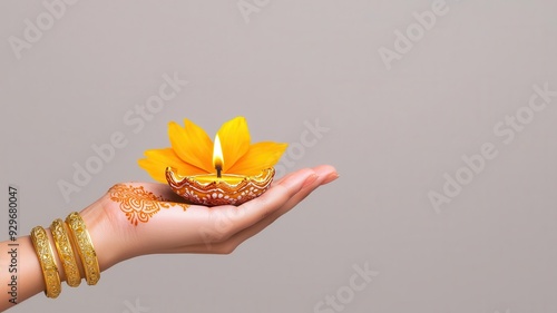 Woman s hand holding a sparkling diya, decorated with intricate mehndi, adorned with golden bracelets, symbolizing Diwali traditions, Diwali accessories, cultural celebration photo