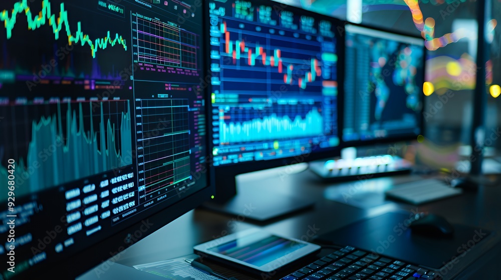 A workspace with multiple monitors displaying stock market data and financial graphs. A workspace with multiple monitors displaying stock market data and financial graphs.