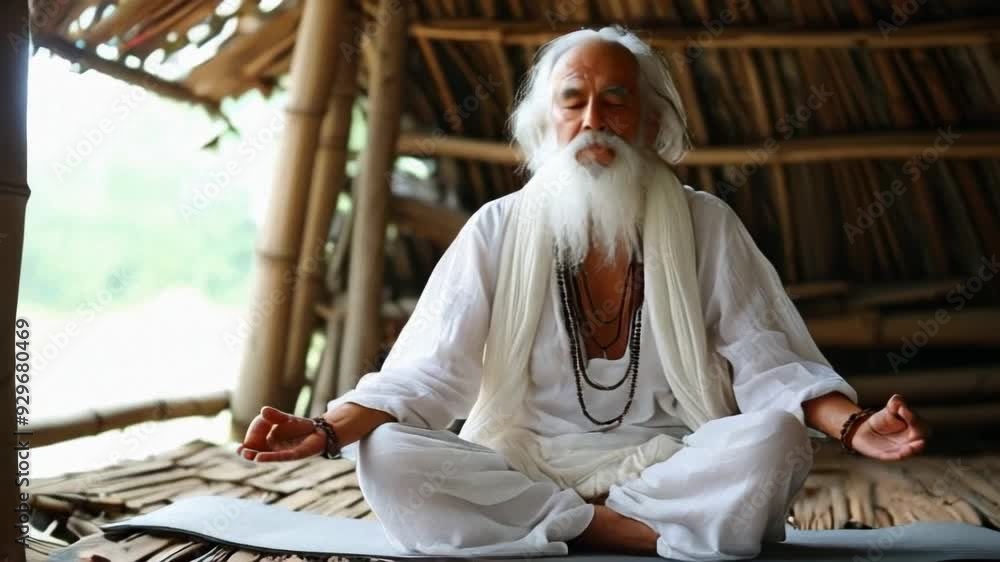 yogi ,old man meditating at bamboo house