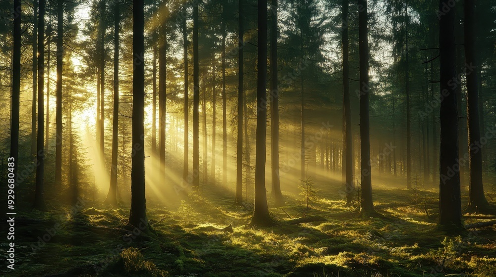 Fototapeta premium A serene forest scene with sunlight streaming through trees, creating a tranquil atmosphere.