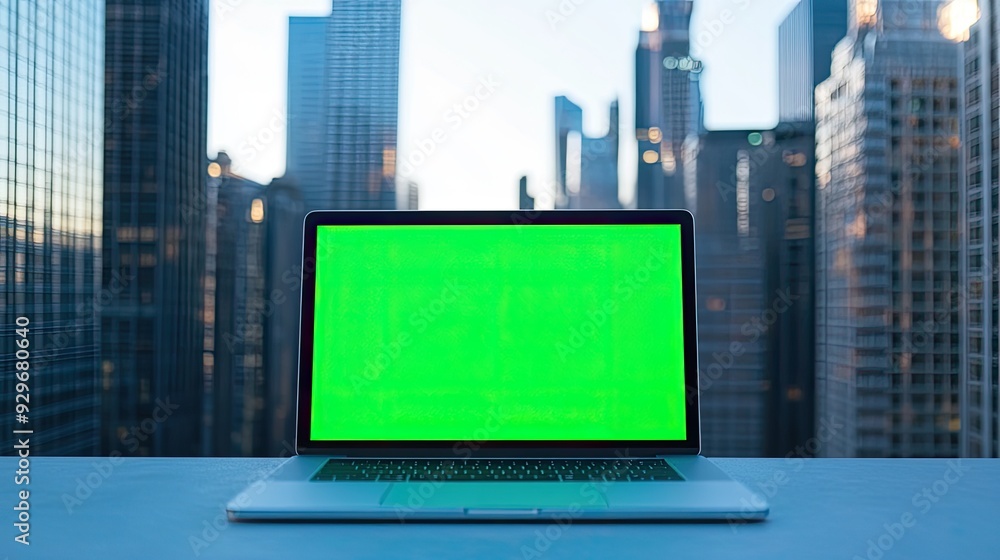 A modern laptop with a green screen, set on a clean table against a backdrop of towering skyscrapers. Perfect for digital presentations or content displays. A modern laptop with a green screen, set on a clean table against a backdrop of towering skyscrapers. Perfect for digital presentations or content displays.