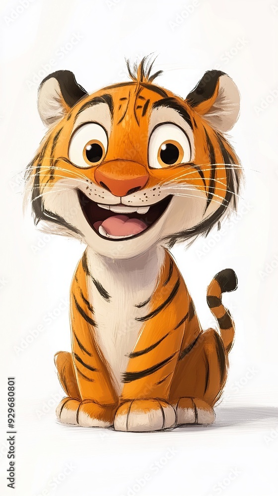 A cute cartoon tiger with a big smile, sitting on a white background. A cute cartoon tiger with a big smile, sitting on a white background.