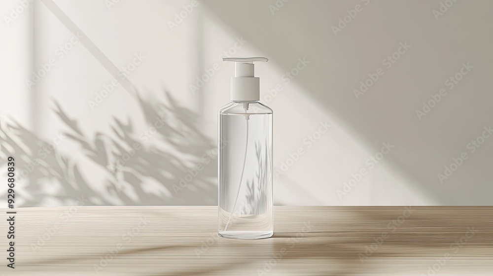 A transparent facial cleanser bottle mockup on a beige wooden table, set against a white background, highlighting the clarity and simplicity of the packaging design. A transparent facial cleanser bottle mockup on a beige wooden table, set against a white background, highlighting the clarity and simplicity of the packaging design.