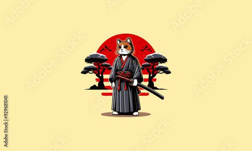 character cat wearing uniform samurai on tree vector flat design