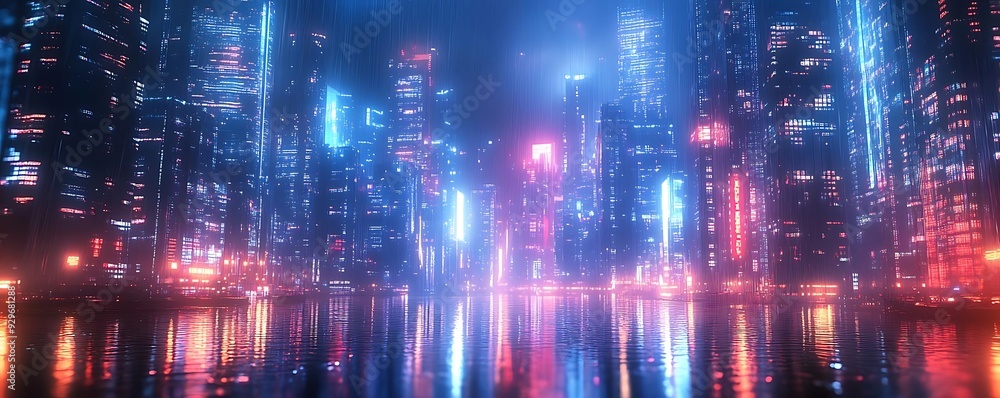 Neon Cityscape 3D Illustration with Rain and Reflections Neon Cityscape 3D Illustration with Rain and Reflections