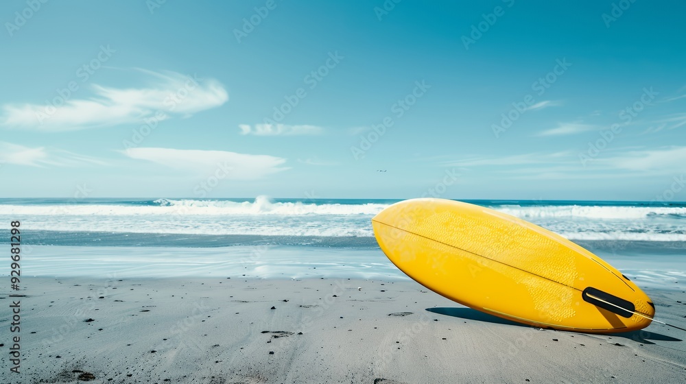 A yellow surfboard rests on the sandy beach with waves in the background under a clear sky. A yellow surfboard rests on the sandy beach with waves in the background under a clear sky.