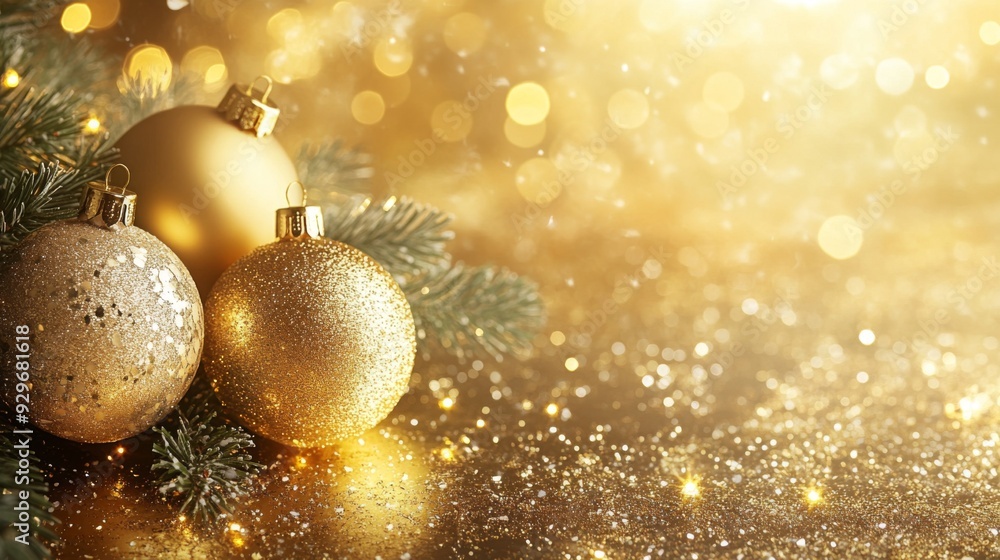 Golden Christmas ornaments on a sparkling background with pine branches. Golden Christmas ornaments on a sparkling background with pine branches.