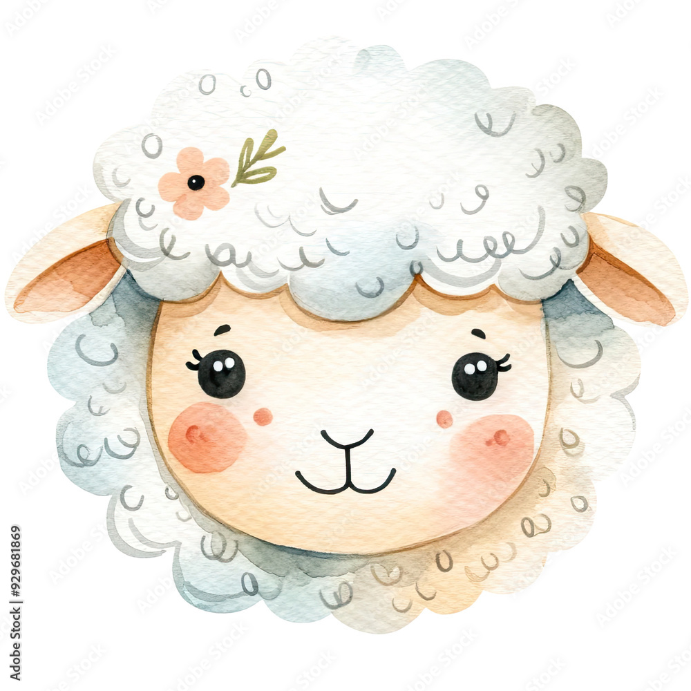 A cute watercolor illustration of a smiling sheep with fluffy wool and a small flower adornment on its head. A cute watercolor illustration of a smiling sheep with fluffy wool and a small flower adornment on its head.