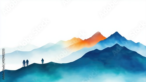 Mountain hiking trail, adventurous trekkers, misty peaks, watercolor style