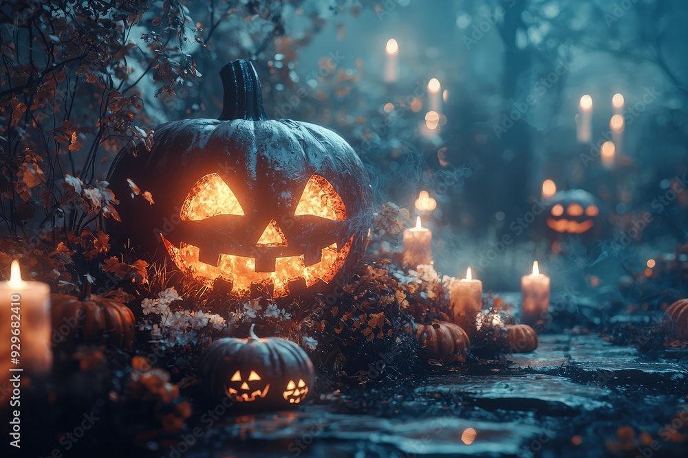 Naklejka premium Glowing jack o' lantern in spooky forest