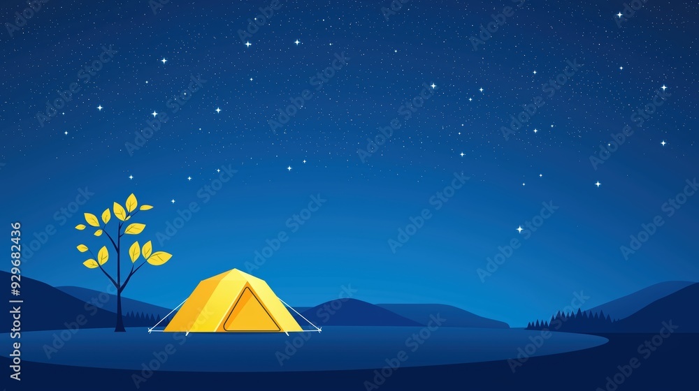 Camping scene, tent under a starry night sky, flat design illustration Camping scene, tent under a starry night sky, flat design illustration