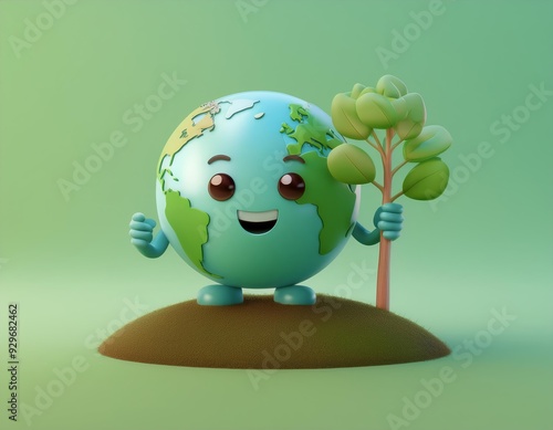 3D smiling Earth character holds a sapling and stands on a mound of dirt, 3D illustration photo